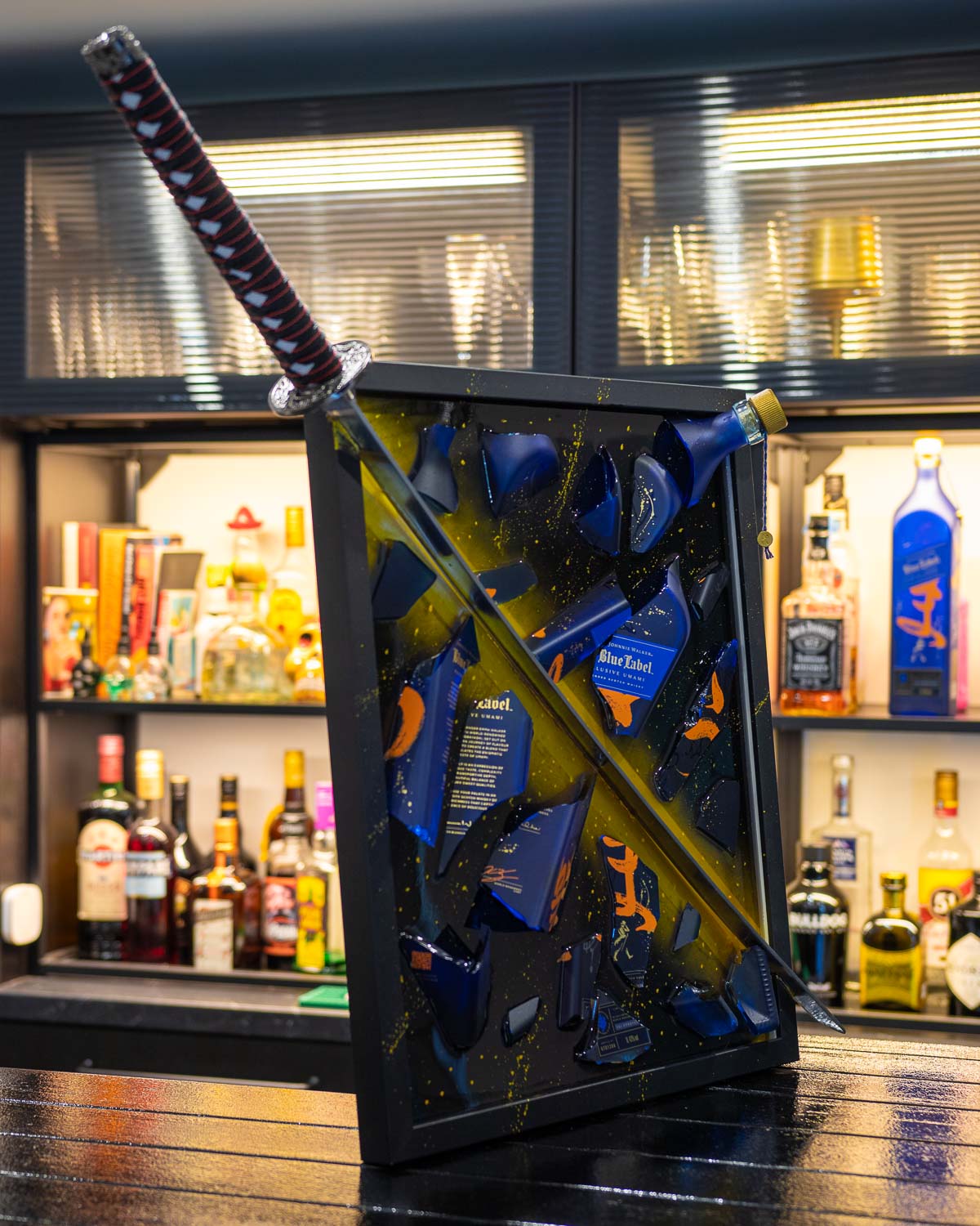 Bar decoration blue lable umami